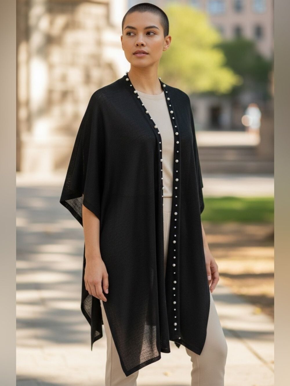 ANTHROPOLOGIE BLACK SWEATER CARDIGAN SHRUG PEARL LIKE BEAD ACCENTS LAGENLOOK OS